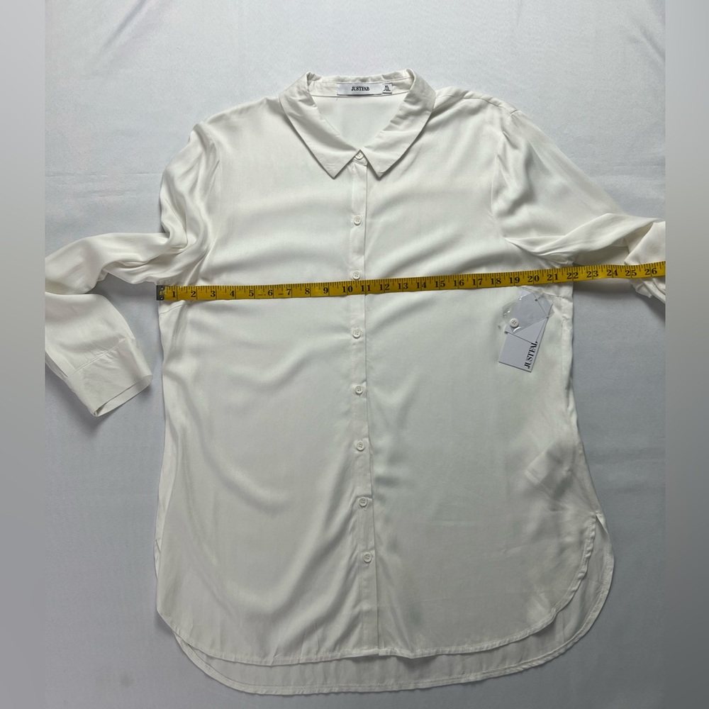 JustFab Ivory Rayon Sheer Button Down Office Career Fall Layering - Picture 6 of 11